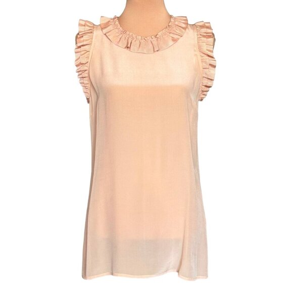 TWELVE COUTURE Sleeveless Ruffle Top Sz.M Peach Blush 100% Silk Coquette Preppy - Picture 1 of 9